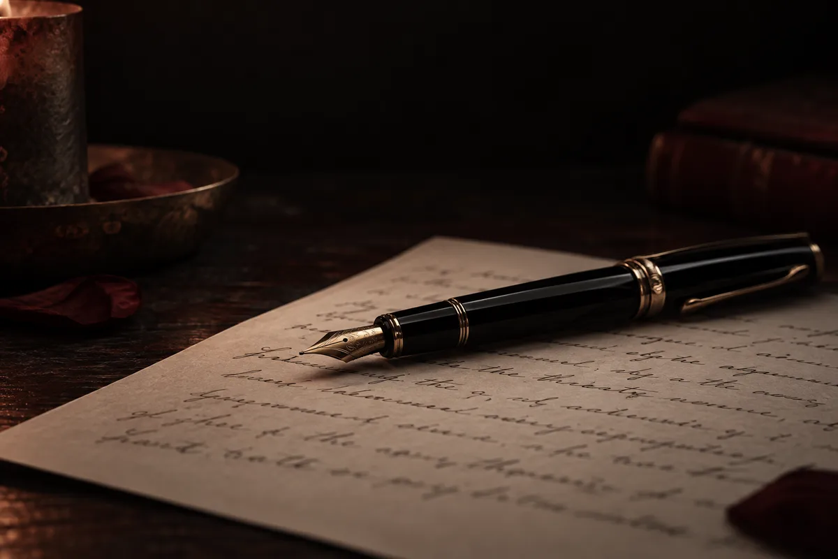 Un stylo posé sur une lettre, dans une lumière douce.